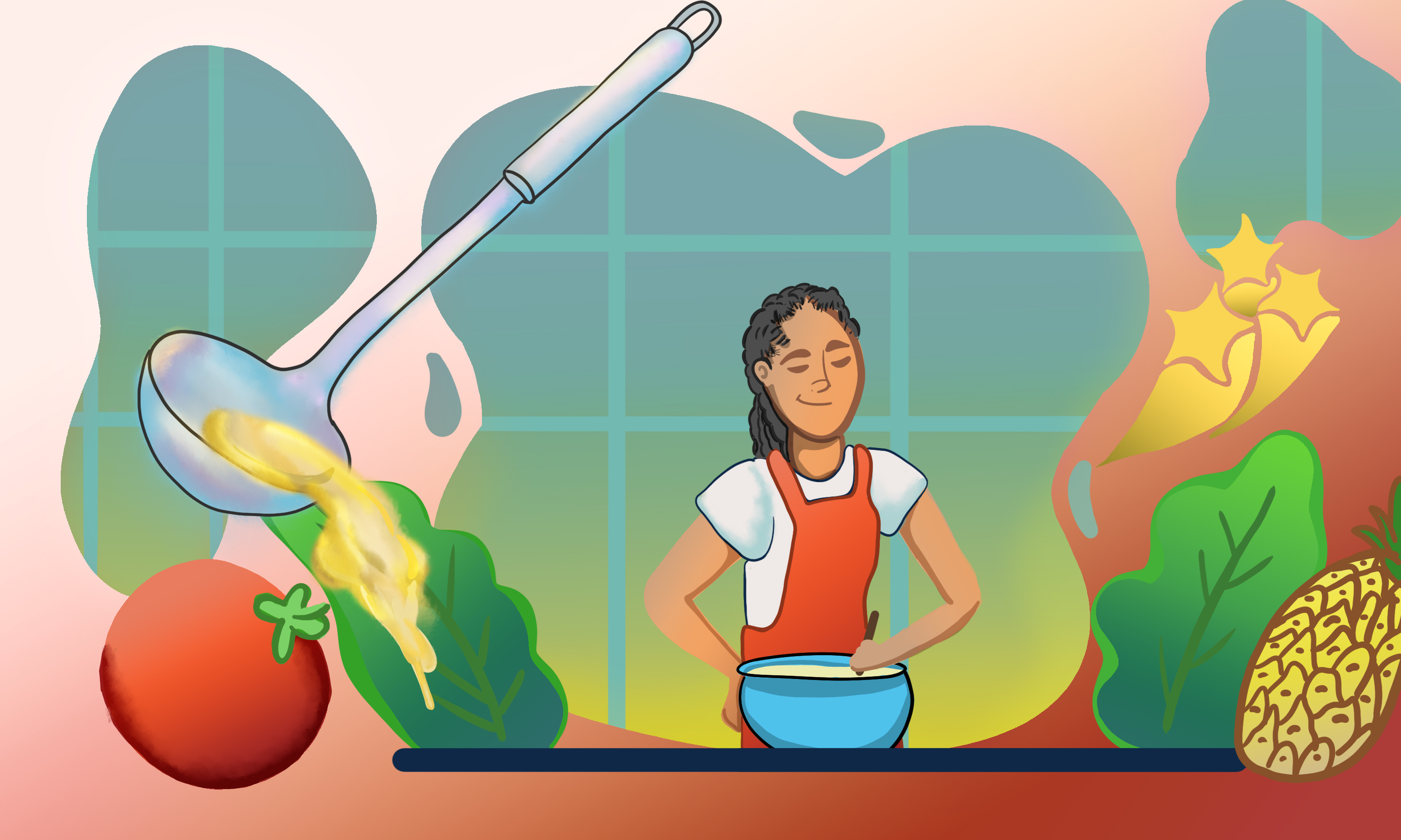 Artwork of a chef cooking in a kitchen surrounded by equipment and fooid. 