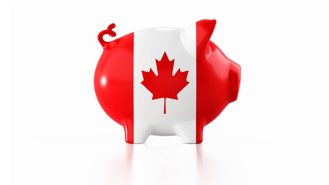 A piggy bank with a Canadian flag design