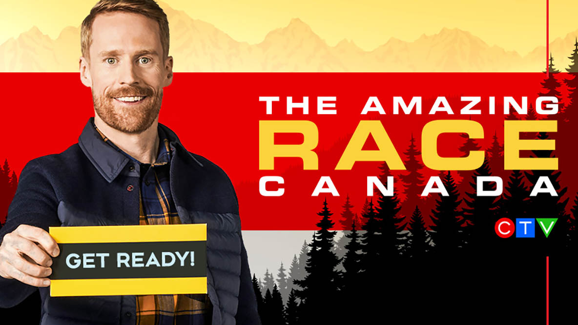 Promo image of The Amazing Race Canada with host holding a clue card stating Get Ready!