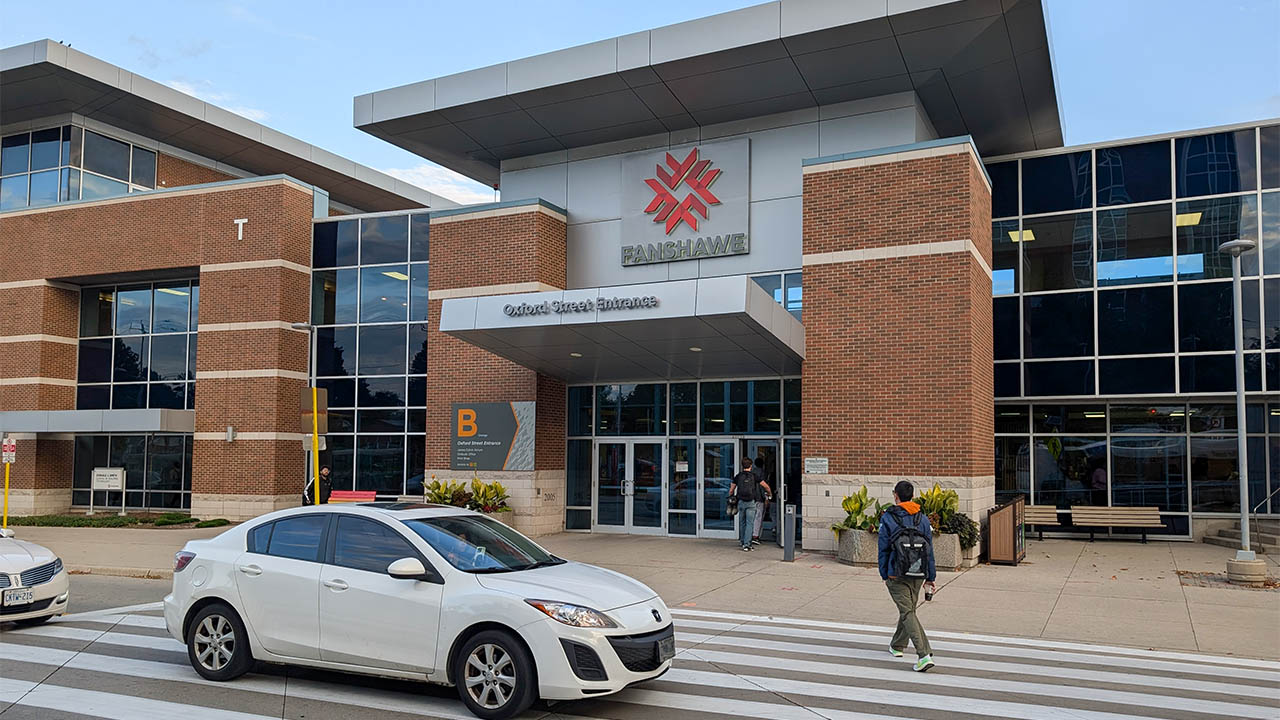 Exterior photo of the front doors of Fanshawe's London campus. 
