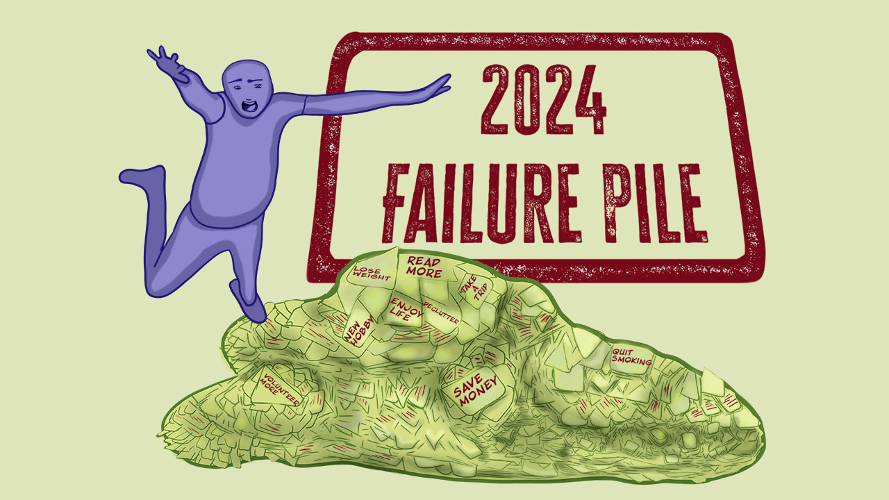Artwork of a person standing over a pile of failed resolutions.