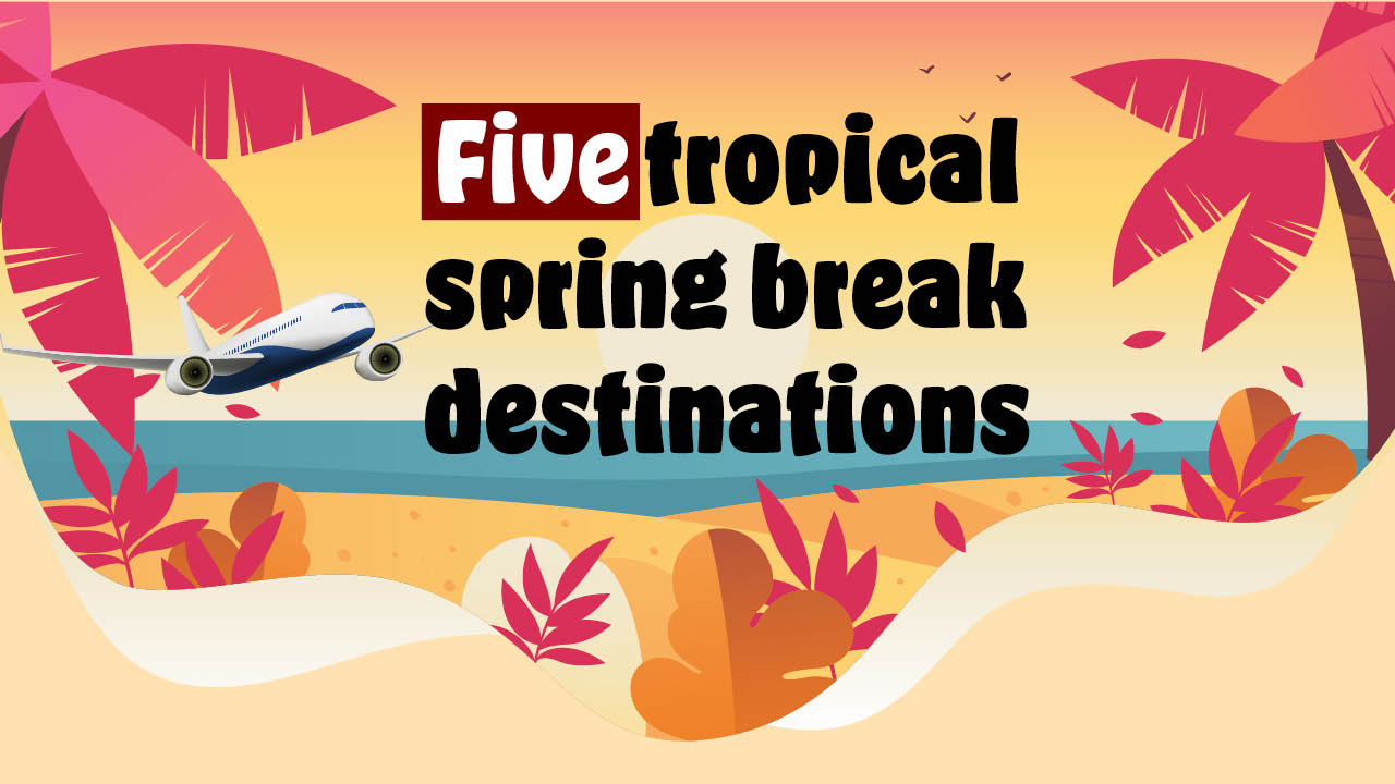 Graphic showing the title 'Five tropical spring break destinations'