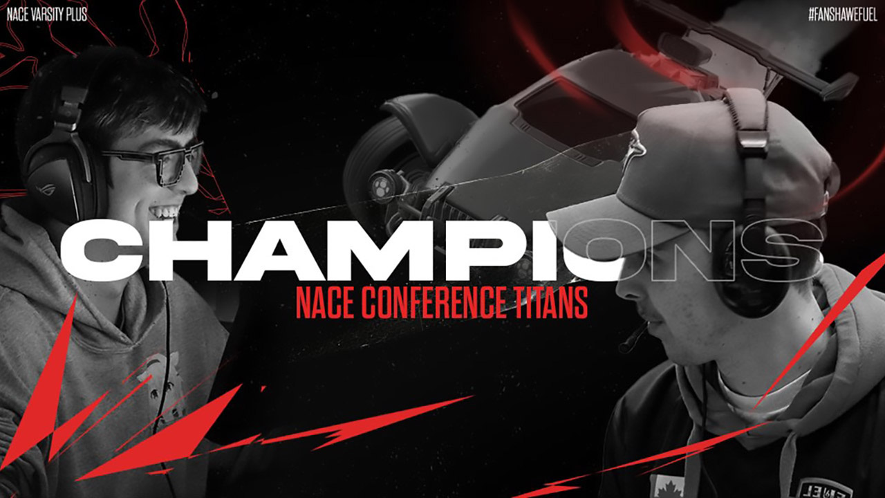 A graphic showing members of the Fuel Rocket League team and the words 'Champions, NACE Conference Titans'
