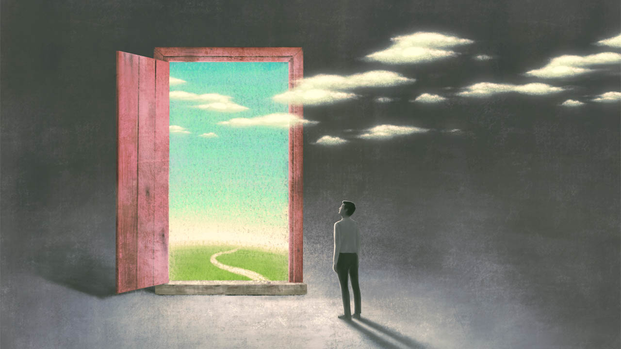 Artwork of someone staring into a landscape scene through a door.
