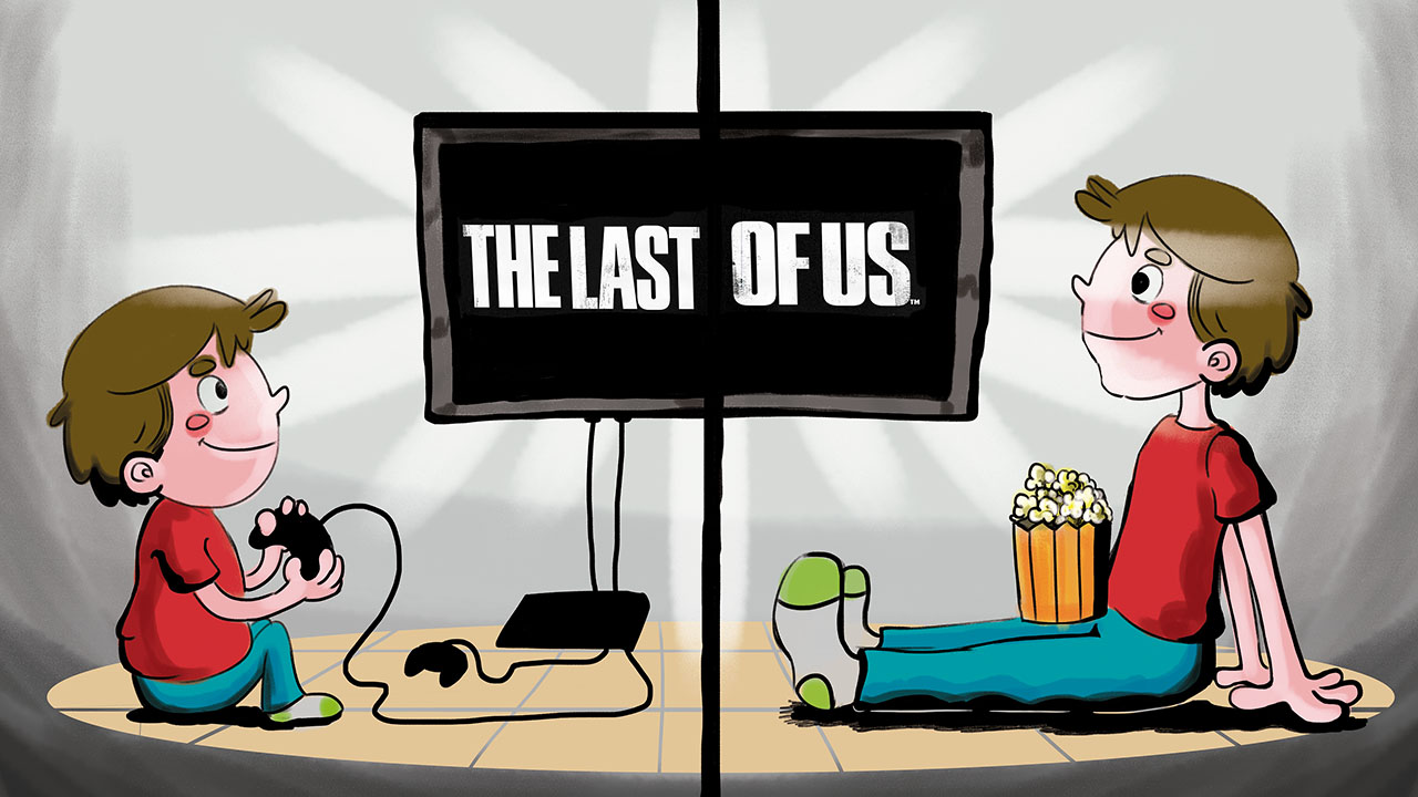 Artwork of a young boy playing The Last of Us in one frame, and an older version of the boy wacthing The Last of Us TV show in the other frame