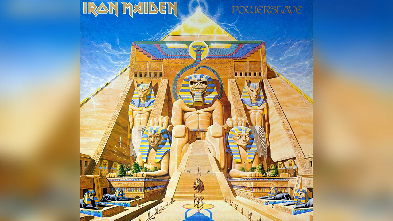 The album artwork for Iron Maiden's Powerslave, which shows a pyramid and the band and album names.