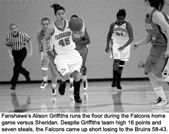 Fanshawe's Alison Griffiths runs the floor during the Falcons home game versus Sheridan. Despite Griffiths team high 16 points and seven steals, the Falcons came up short losing to the Bruins 58-43. The Falcons record sits at 5-4, good for third in the West Division.