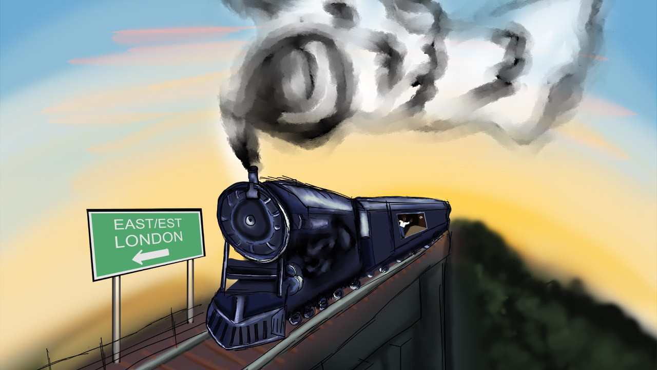 Artwork of a steam engine train, signifying the Undergound Railroad.