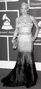 Pink in a strapless grey mermaid gown at the Grammy Awards.