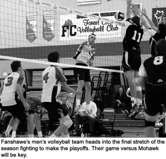 Fanshawe's men's volleyball team heads into the final stretch of the season
fighting to make the playoffs. Their game versus Mohawk will be key.