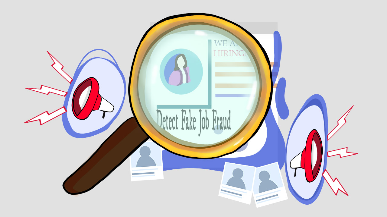 Artwork of a magnifying glass over a job posting titled 'Detect Fake Job Fraud'