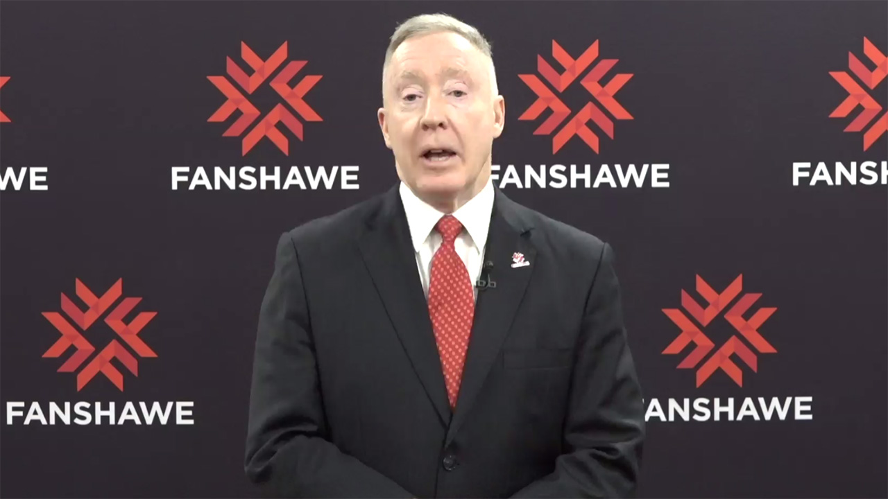 A photo of Fanshawe president Peter Devlin speaking at a virtual town hall.