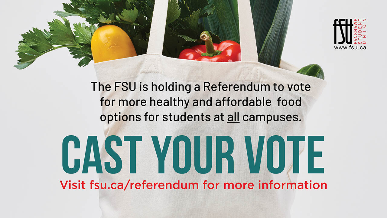 A graphic for the FSU’s referendum vote, showing a grocery bag full of food and the words 'Cast Your Vote'