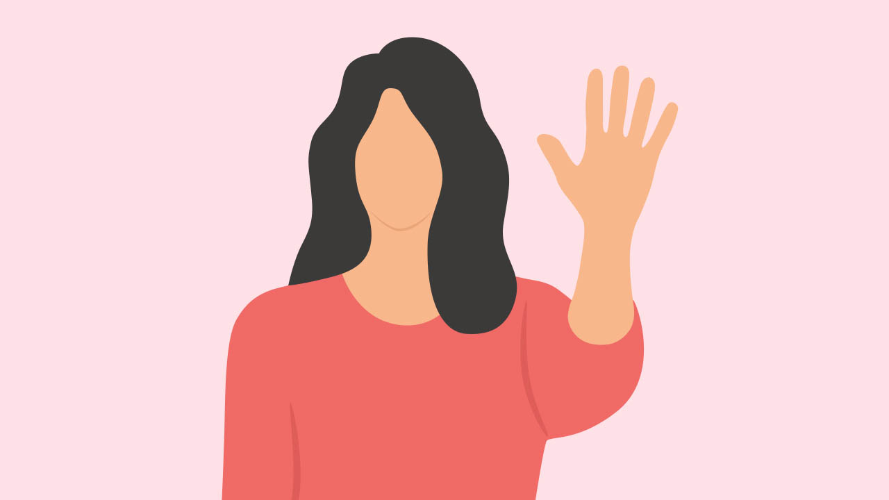 Illustration of a faceless woman raising her hand.