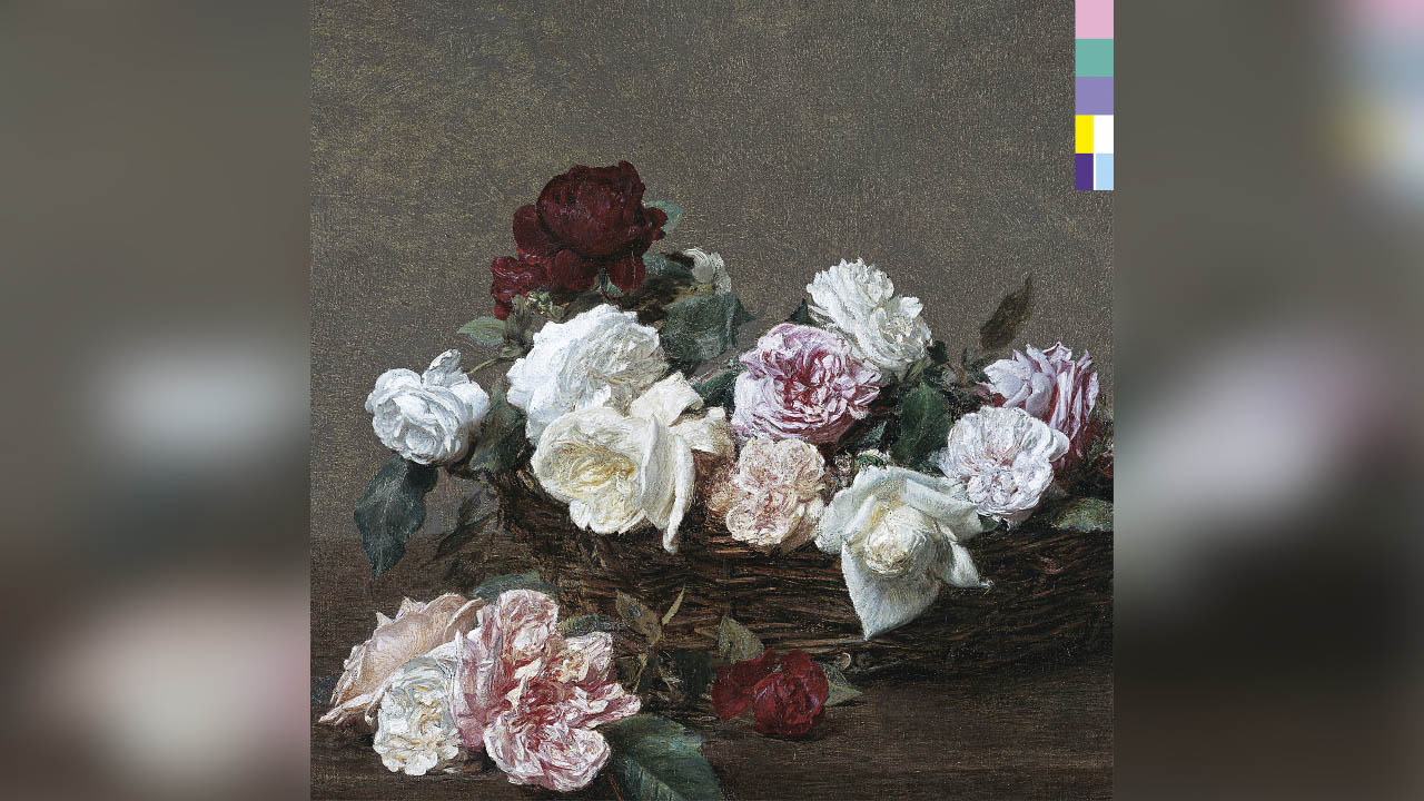 The album cover for Power, Corruption, & Lies. It's a painting of a bouqet, with New Orders' logo in the top right corner.