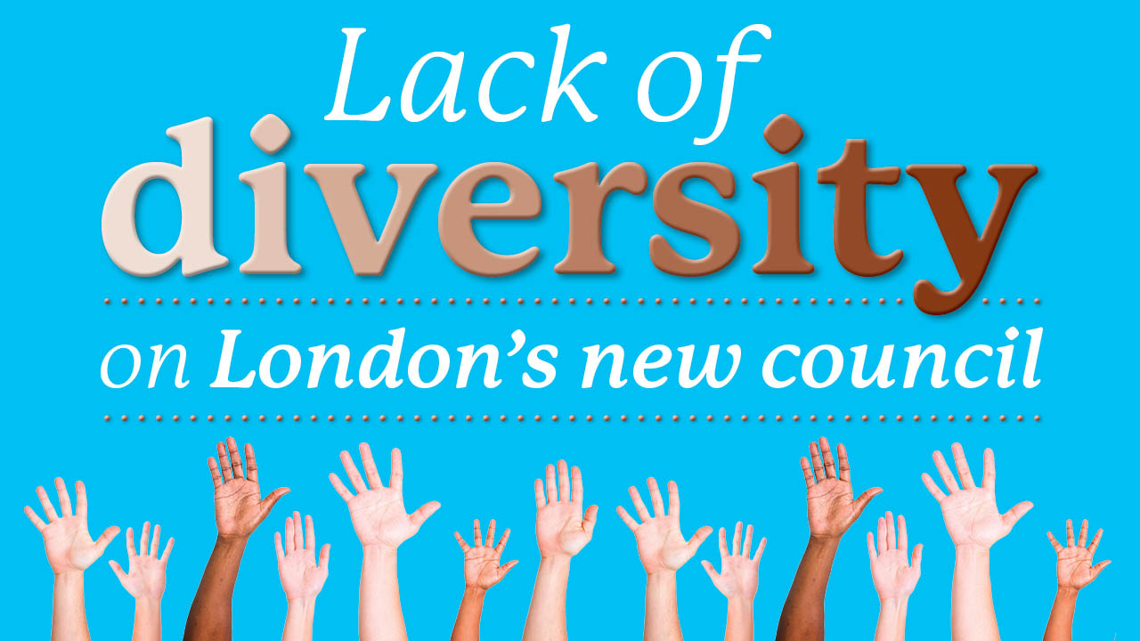 Graphic showing the title: Lack of diversity on London's new council.