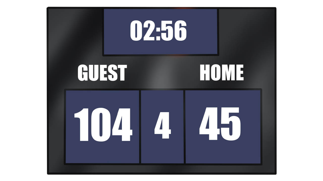 Artwork showing a basketball score, with the Away Team scoring 104 points, and the Home Team scoring 45.