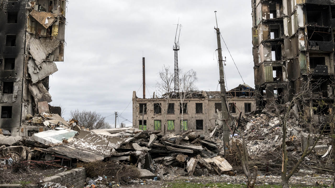 A photo of a destroyed city in Ukraine.