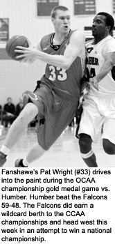Fanshawe's Pat Wright (#33) drives into the paint during the OCAA championship gold medal game versus Humber.