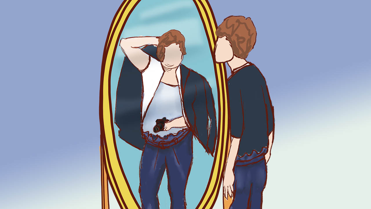 Artwork of someone looking at their reflection and seeing a warped version of their body.
