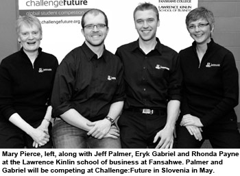 Mary Pierce, left, along with Jeff Palmer, Eryk Gabriel and Rhonda Payne
at the Lawrence Kinlin school of business at Fansahwe. Palmer and
Gabriel will be competing at Challenge:Future in Slovenia in May.
