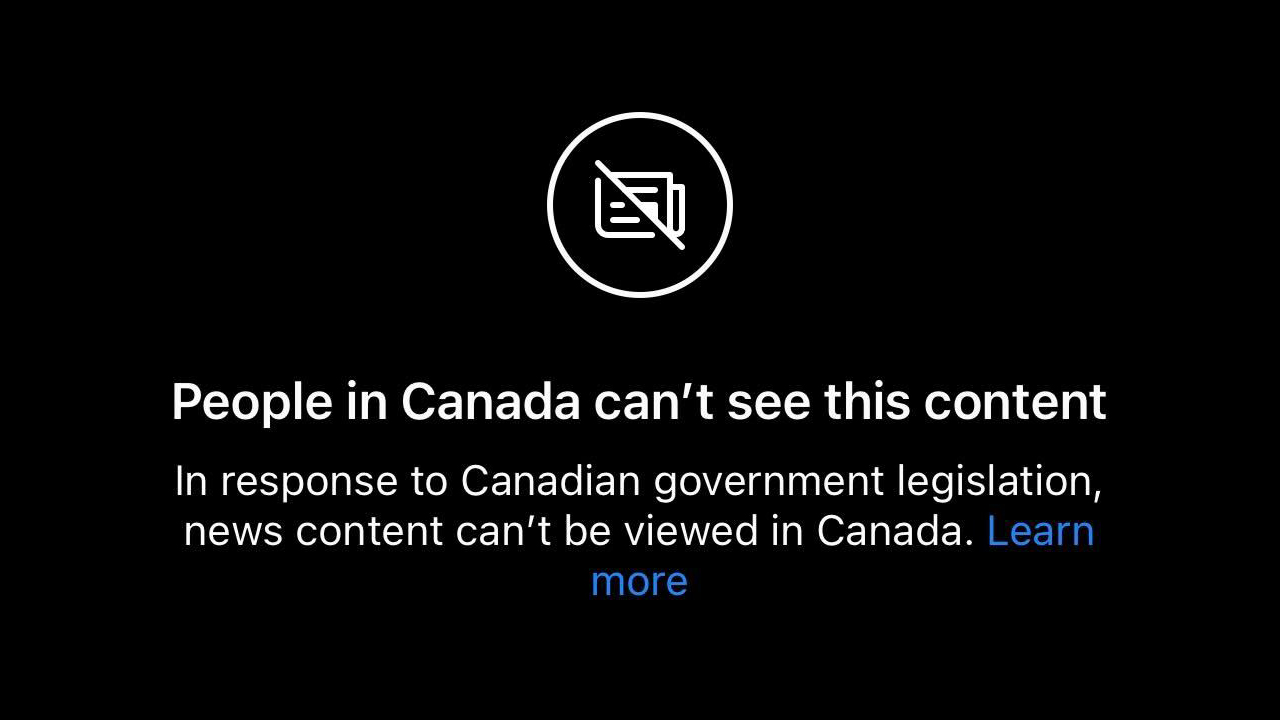 A screenshot of Interrobang's Instagram page, with a message currently reading: People in Canada can't see this content