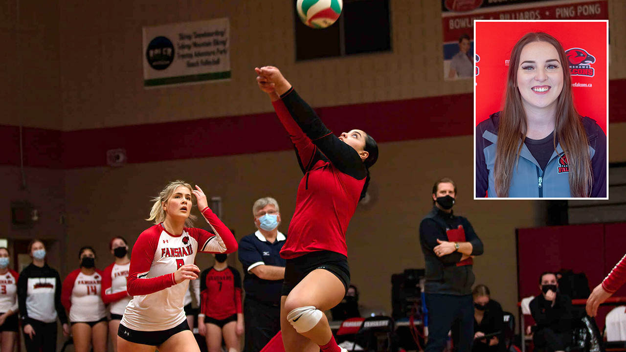 Fanshawe women's volleyball players during a game and an image of Montana Woodhouse.