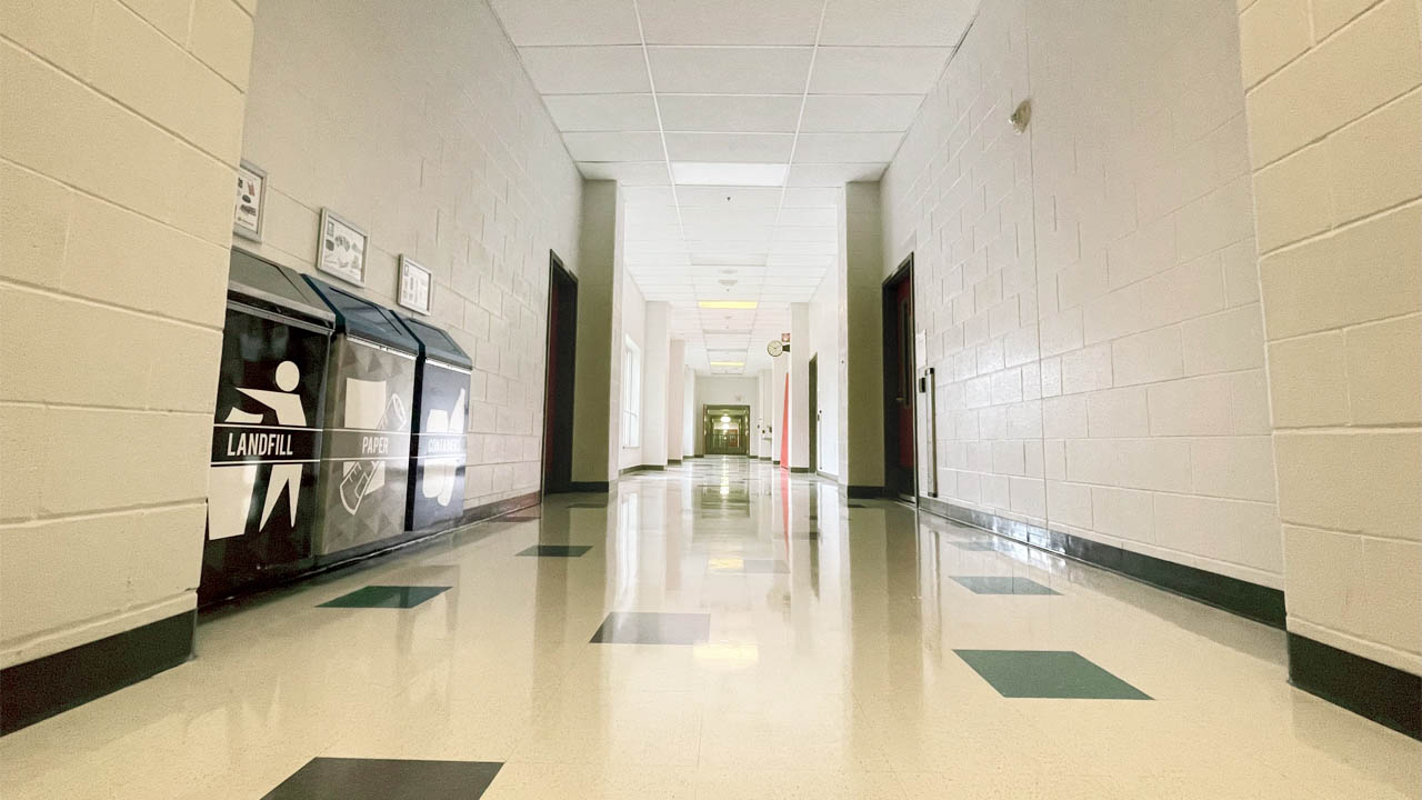 An empty hallway at Fanshawe College.