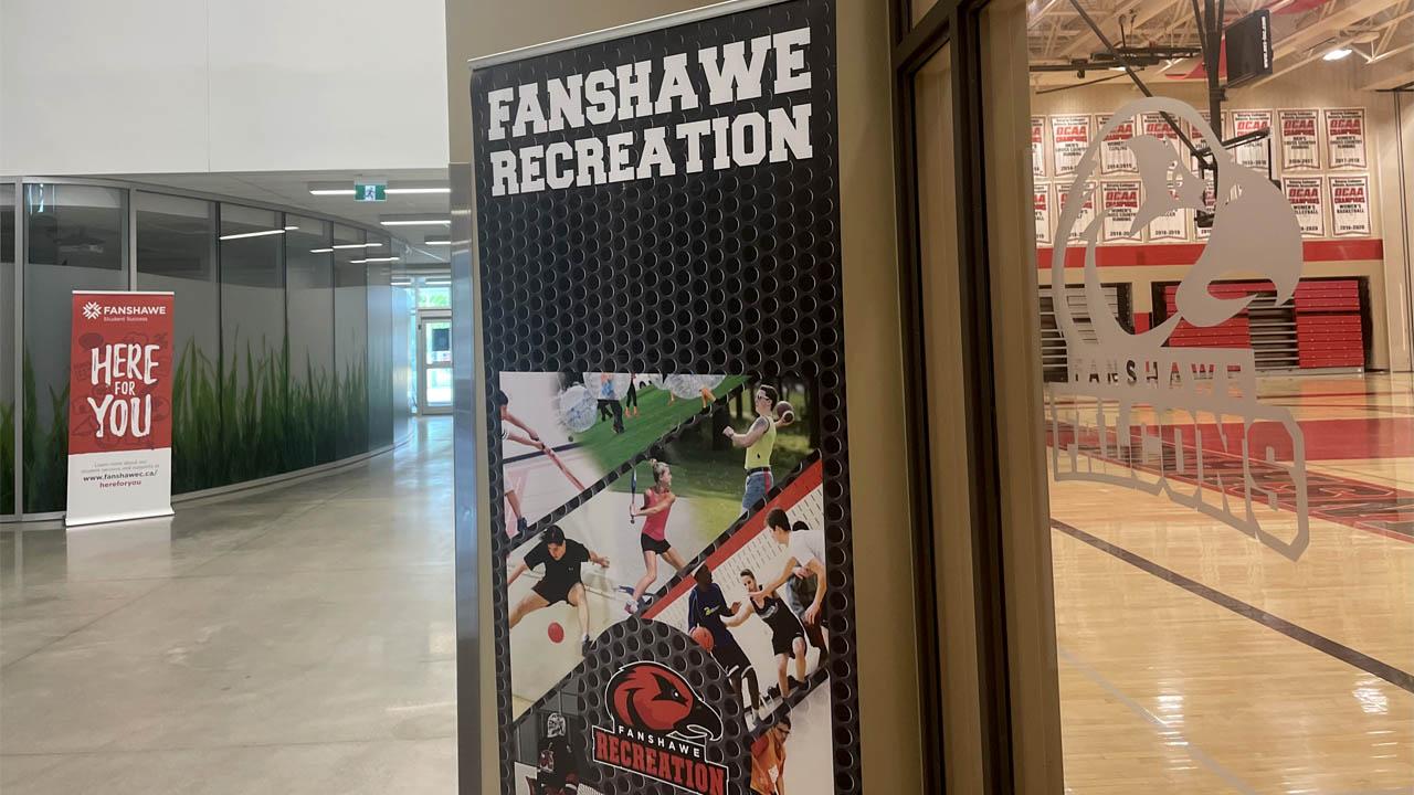 Fanshawe Recreation signage outside a gym at Fanshawe College.