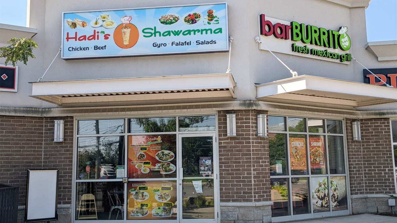 Exterior of BarBURRITO and Hadis Shawarma on Oxford Street in London, Ontario.