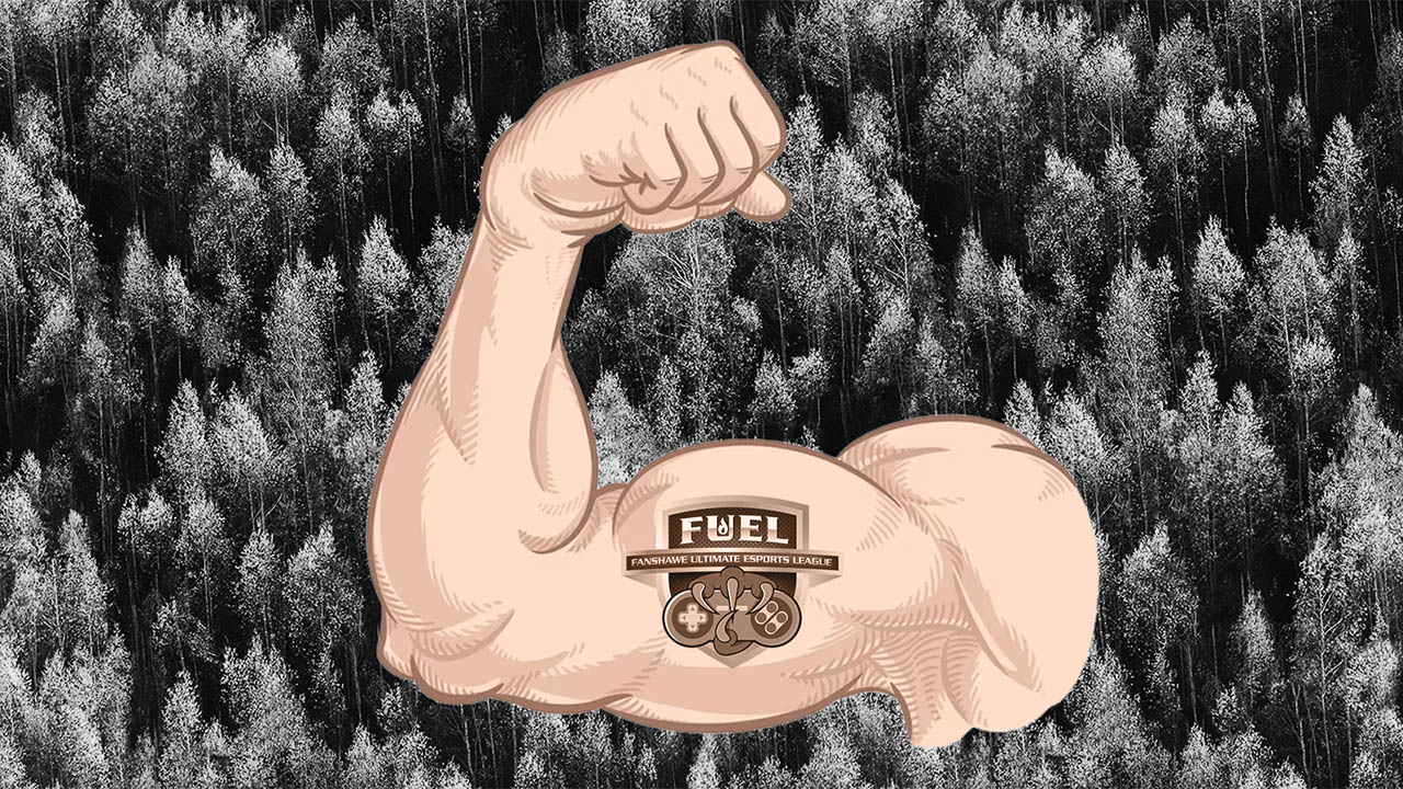 A graphic of a muscled arm with a Fuel logo tattooed on in front of a forest