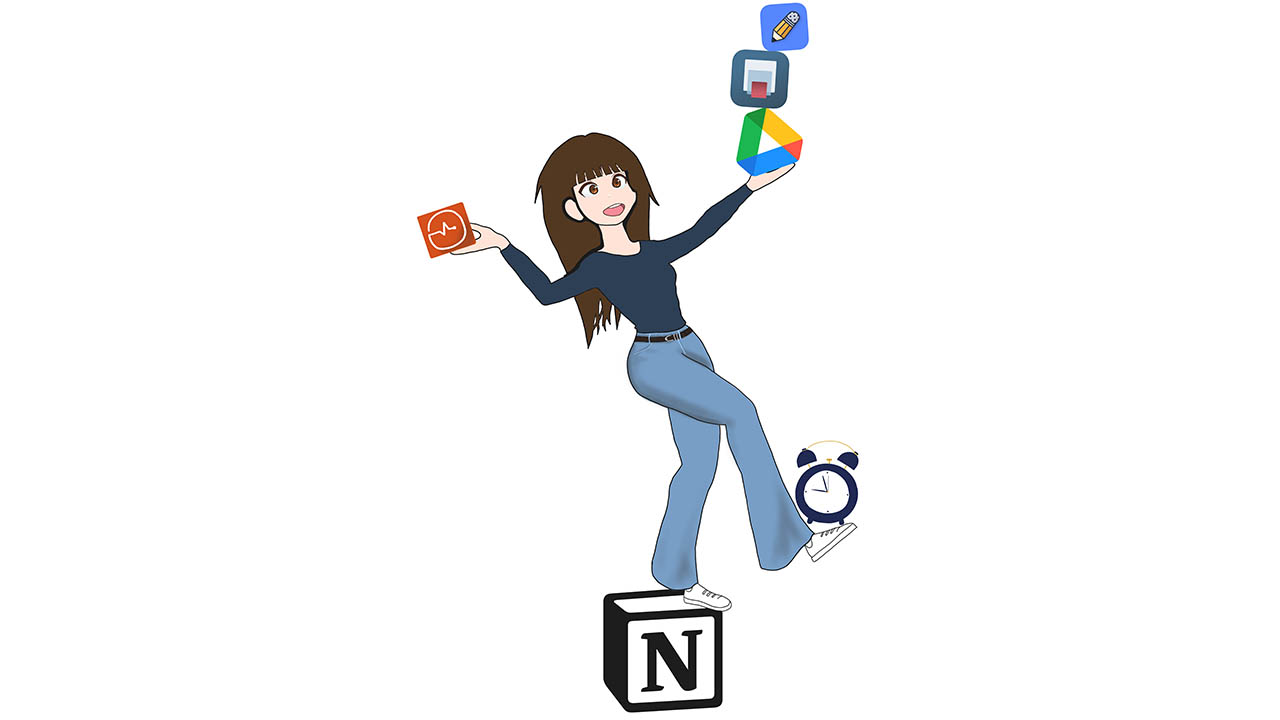 An illustration of a woman balancing on various app logos