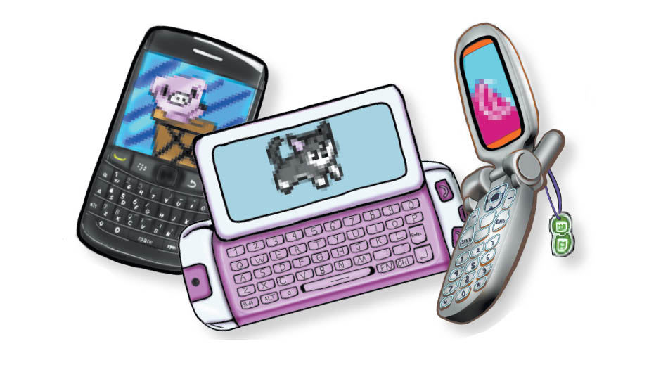 An illustration of different styles of phones throughout the years