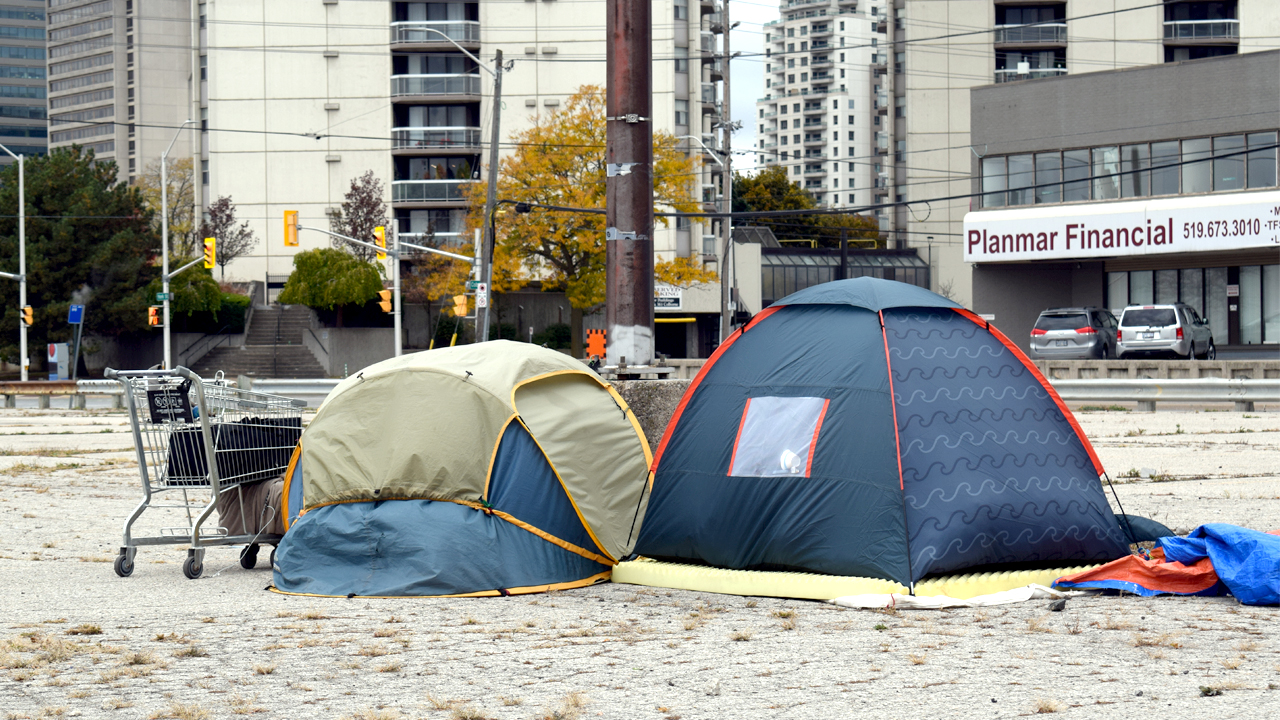 Tents set up outside in Downtown London.