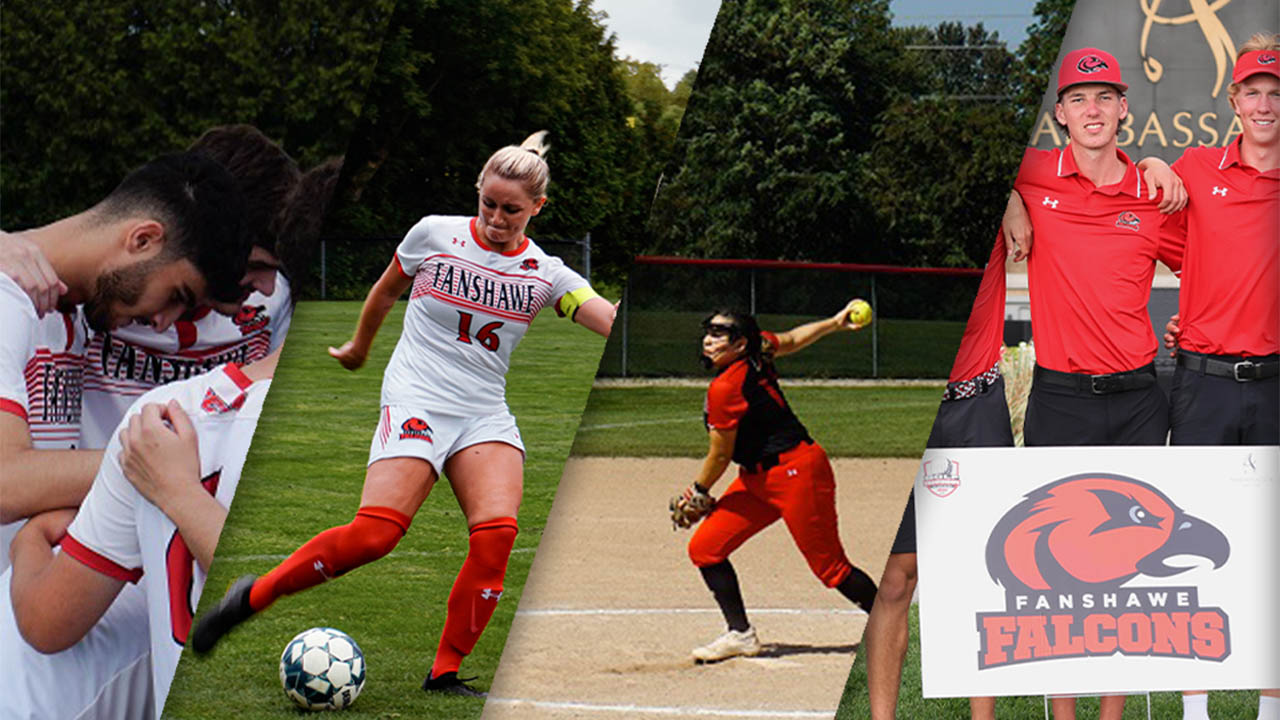 A collage of Falcons athletes competing in soccer, baseball and softball