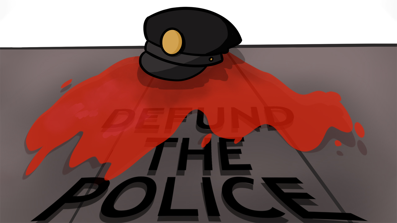 The text defund the police. A police hat on top of blood.
