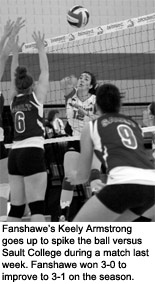 Fanshawe's Keely Armstrong goes up to spike the ball versus Sault College during a match last week. Fanshawe won 3-0 to improve to 3-1 on the season