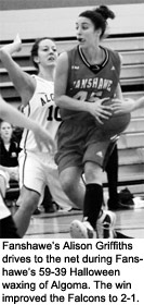 Fanshawe's Alison Griffiths drives to the net during Fanshawe's 59-39 Halloween waxing of Algoma. The win improved the Falcons to 2-1