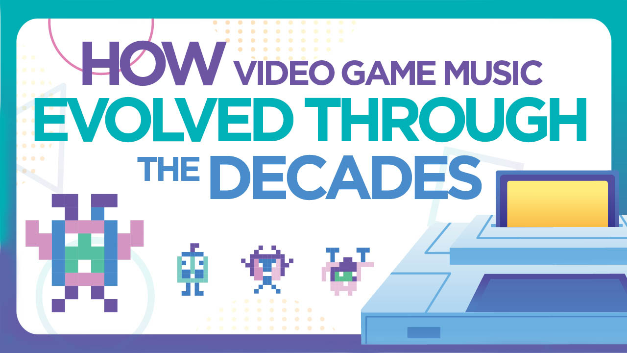 A graphic featuring video game icons and the title How video game music evolved through the decades