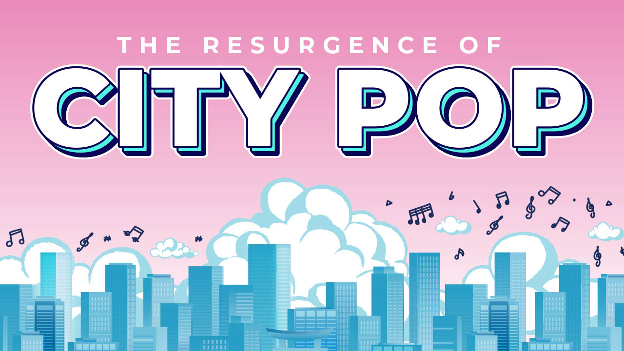 A graphic featuring music notes and the title: he resurgence of city pop