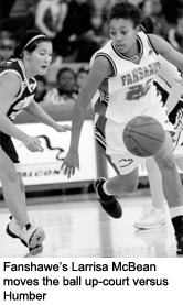 Fanshawe's Larrisa McBean moves the ball up-court versus Humber.