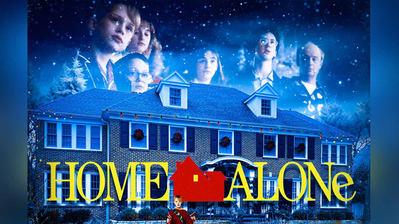 A graphic of the McCallister house surrounded by characters from the Home Alone movies