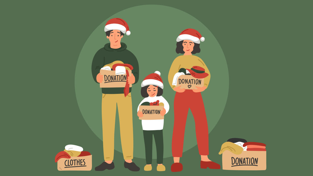A stock graphic of people holding boxes labelled: Donations