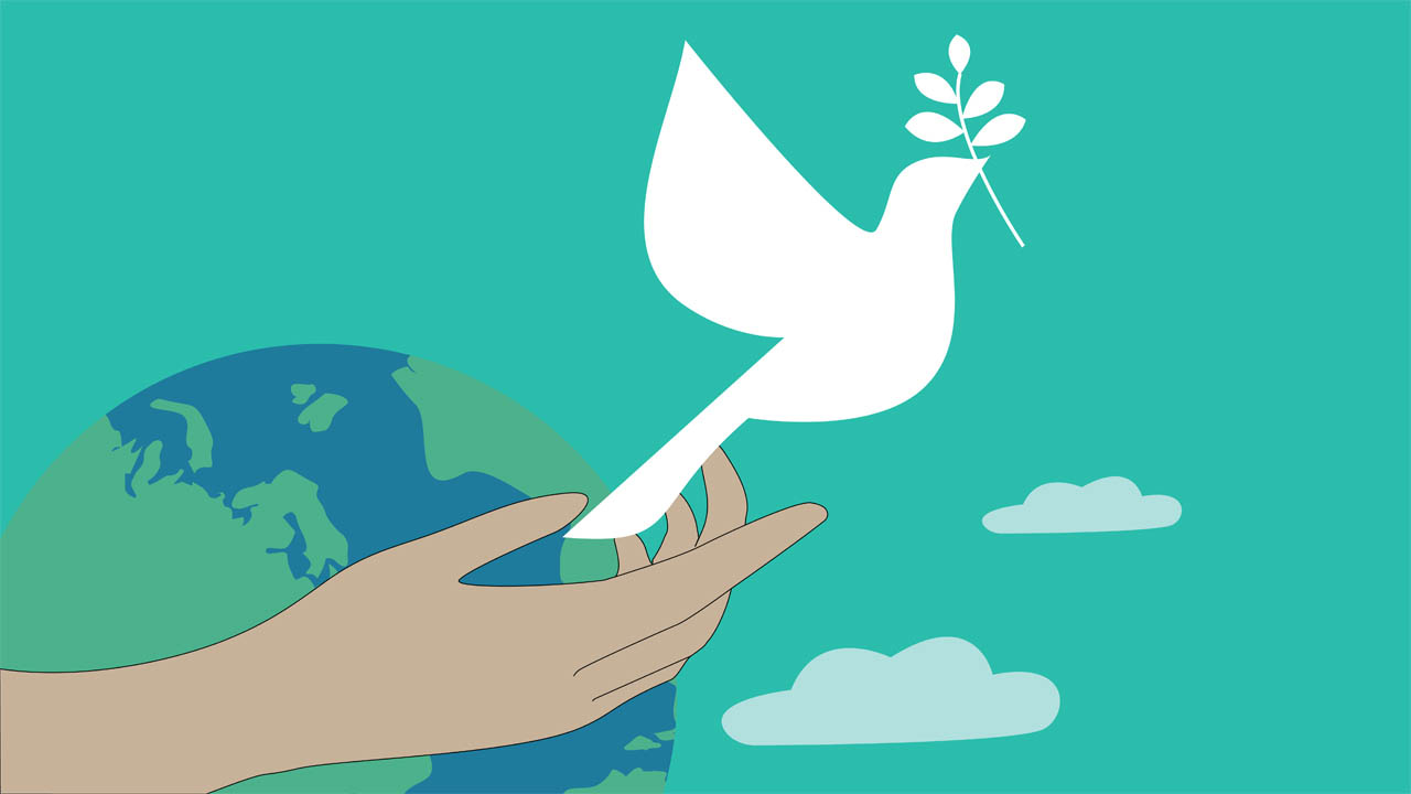 A graphic showing a white dove being released from a hand and flying over planet Earth.
