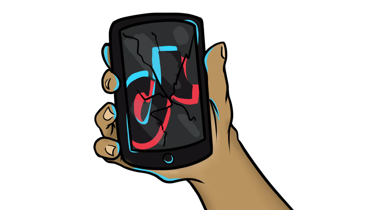 An illustration of a phone with the TiKTok app open, cracked in half.
