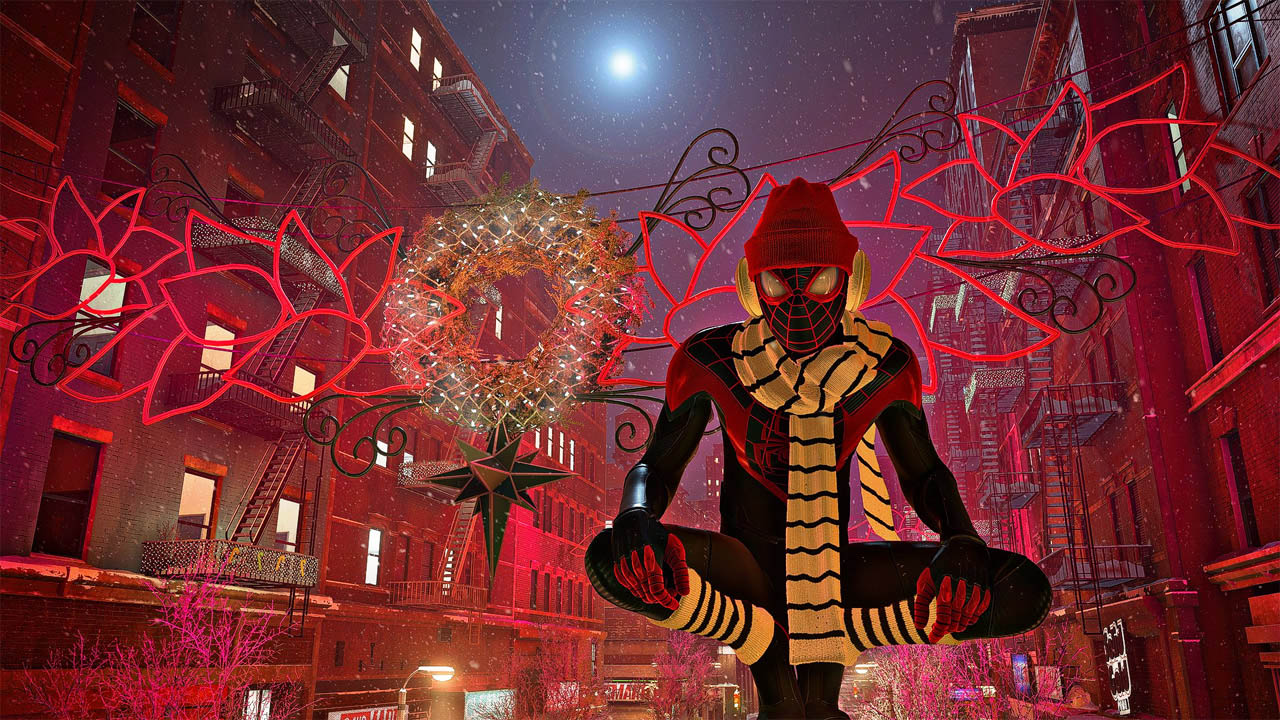 A screenshot of Miles Morales as Spiderman surrounded by holiday lights.