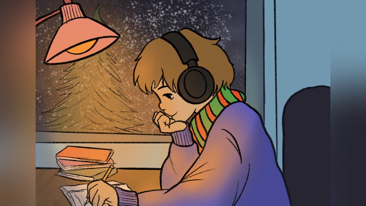 An illustration of a girl writing in a book with headphones on.