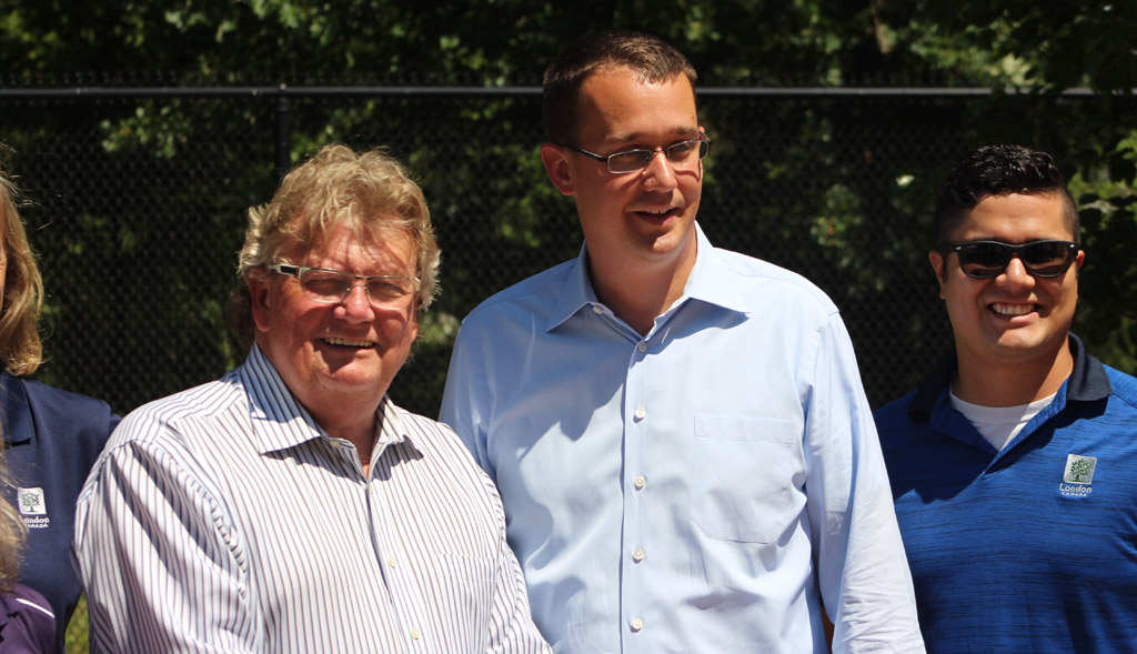 London mayor Ed Holder (left) with Monte McNaughton (right) at Thames Park.