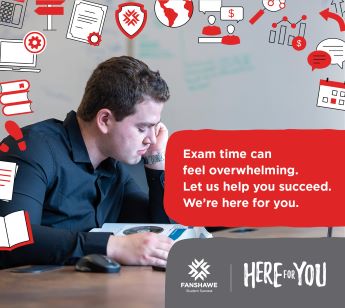 A person shown reading a book. Text states exam time can feel overwhelming. Let us help you succeed. We're here for you.