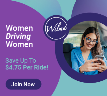 Wilma. Women Driving Women. Save up to $4.75 per ride! Image of a woman using a phone.